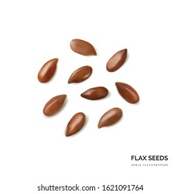 Dry Raw Unpeeled Flax Seeds Isolated on White Background Top View. Uncooked Hulls Linseeds 3d Realistic Vector Set