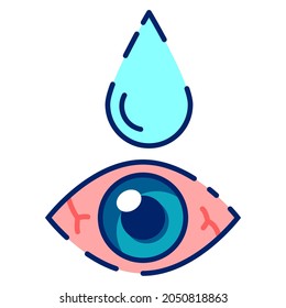 Ojos rojos secos. tratamiento.Aplicación de colirio.Sufrimiento de ojo irritado.Aislado sobre fondo blanco.Ilustración de vectores de línea.