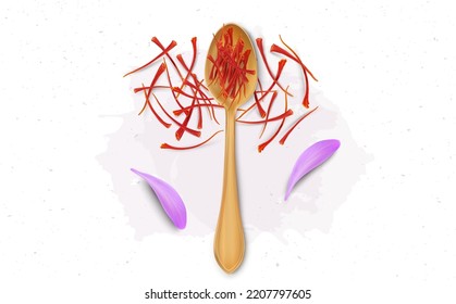 Dry saffron stamens in a brass spoon with saffron flower petals from the top angle