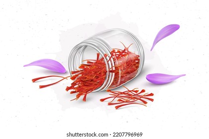 Dry saffron stamens falling from a glass jar with saffron flower petals vector illustration