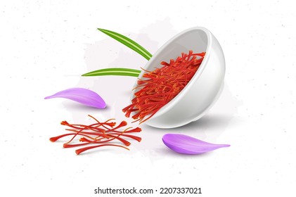 Dry saffron stamens in white bowl vector illustration with flower petals