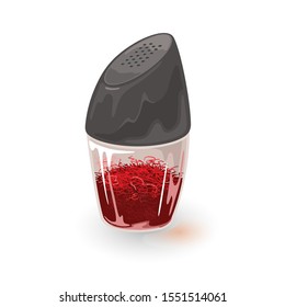 Dry saffron is in transparent shaker, tin with black plastic lid. Indian spices with red hot pepper in glass container, jar, pepper-caster. Cartoon vector illustration isolated on white background.