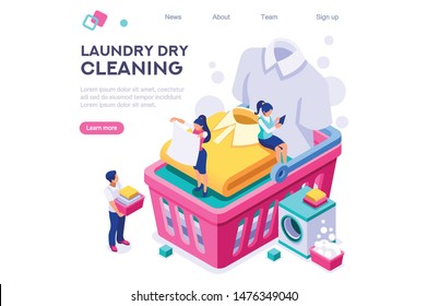 Dry Service, Shirt Spot. Clothing Dirty Dry Wash. Laundromat Clean. Basin and Domestic Bubble. Spot Concept For Web Banner Infographics Images. Flat Isometric Illustration Isolated On White Background