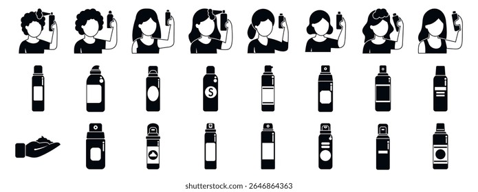  Dry shampoo icons set. Collection of icons representing women using hair styling products and various hairspray bottle designs