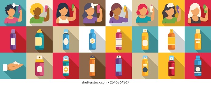  Dry shampoo icons set. Collection of icons representing women using hair styling foam and various hairspray bottles