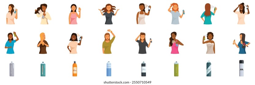 Dry shampoo icons set. Diverse women using various hair products like hairspray, mousse, and oil to style their hair, achieving a perfect look