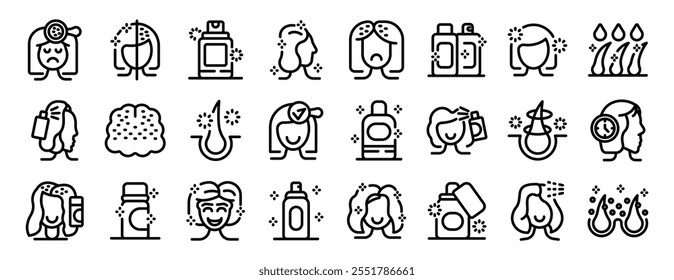 Dry shampoo icons set. Hair care routine icons depicting women using various products for healthy, shiny hair and addressing scalp problems 