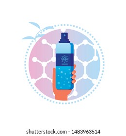 Dry Shampoo with Nanoformula for Hair Care Round Label with Molecular Chain Design. Vector Cosmetics Beauty Product Illustration. Female Hand with Plastic Bottle Flat Cartoon Mockup Emblem