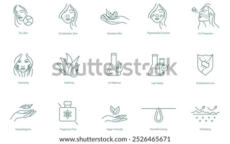 Dry Skin, Combination Skin, Sensitive Skin, Pigmentation Control, UV Protection, Cleansing, Soothing, pH Balance, Lab Tested, Antibacterial, Hypoallergenic, Fragrance-Free, Vegan-Friendly vector icons