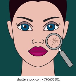 Dry skin of face. Chapped dehydrated skin through magnifying glass. Portrait head of beautiful girl. Vector illustration