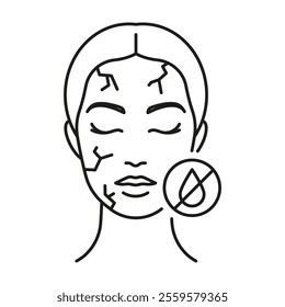 Dry skin icon. Dehydrated skin condition. Female face with crackles and crossed out drop of water. Stylized pictogram. Linear illustration editable strokes. Dermatology, cosmetology, skin care.