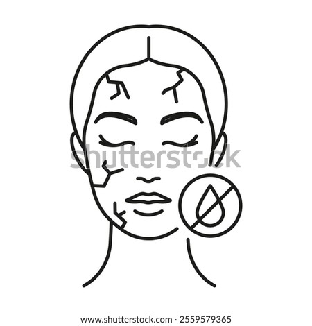 Dry skin icon. Dehydrated skin condition. Female face with crackles and crossed out drop of water. Stylized pictogram. Linear illustration editable strokes. Dermatology, cosmetology, skin care.