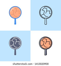 Dry Skin Icon Set In Flat And Line Style. Cracked Skin Texture Under Magnifying Glass Symbol. Vector Illustration.