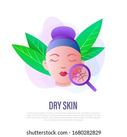 Dry Skin Symbol. Gradient Icon: Girl Cracked Skin Under Magnifying Glass. Skin Care, Moisturizer Or Cream For Dehydrated Skin. Vector Illustration.