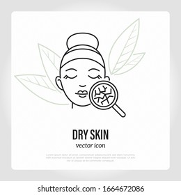 Dry Skin Symbol. Thin Line Icon: Girl Cracked Skin Under Magnifying Glass. Skin Care, Moisturizer Or Cream For Dehydrated Skin. Vector Illustration.