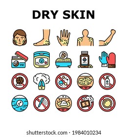 Dry Skin Treatment Collection Icons Set Vector. Elbow, Face And Hand Dry Skin Treat Cream And Lotion, Bacterial Soap And Oatmeal Bath Concept Linear Pictograms. Contour Color Illustrations