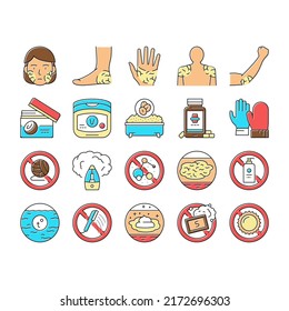 Dry Skin Treatment Collection Icons Set Vector. Elbow, Face And Hand Dry Skin Treat Cream And Lotion, Bacterial Soap And Oatmeal Bath Concept Linear Pictograms. Contour Color Illustrations