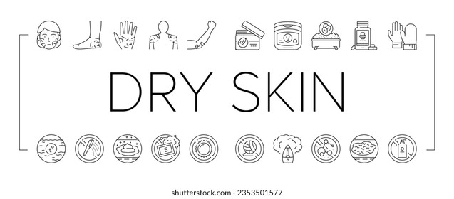 Dry Skin Treatment Collection Icons Set Vector. Elbow, Face And Hand Dry Skin Treat Cream And Lotion, Bacterial Soap And Oatmeal Bath Black Contour Illustrations