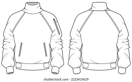 Dry Smock jacket design flat sketch Illustration front   back view vector template  Pullover sweater Winter Jacket drawing mock up template for men   women