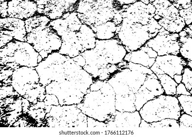 Dry soil texture. Cracks background. Grunge texture. Grunge black and white vector overlay. Grungy grainy surface.