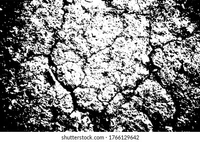 Dry soil texture. Cracks background. Grunge texture. Grunge black and white vector overlay. Grungy grainy surface.
