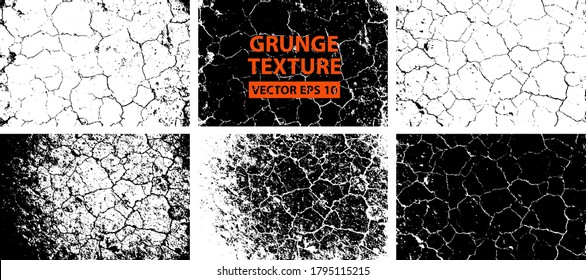 Dry soil texture. Cracks background. Grunge texture. Grunge black and white vector overlay. Grungy grainy surface.