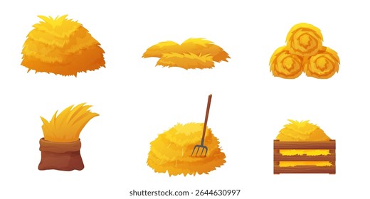 Dry straw, haystacks, and field bales. Isolated yellow fodder piles and grass bundles for farming, cow feed, and rustic harvest scenes. Realistic and cartoon mix.