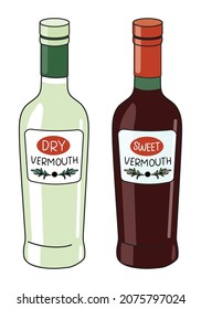 Dry and Sweet Vermouth in a bottle. Doodle cartoon hipster style vector illustration isolated on white background. Good for party card, posters, bar menu or alcohol cook book recipe