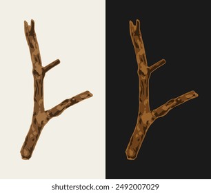 Dry thick wooden stick on a white, dark background. Tree branch without leaves. Image tracing, cleaned and simplified illustration. Realistic style. Not AI.