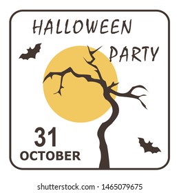 Dry tree and bats on background of full moon. Stylish colorful vector illustration of happy Halloween. Template for poster, banner, leaflet, invitation to party, congratulations.