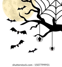 dry tree with bats and spiders