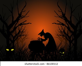 dry tree branch background with witch boiling poison, pumpkin