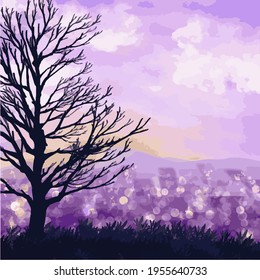 dry tree branch blurred city background square wallpaper autumn. purple sky clouds beautiful evening noon