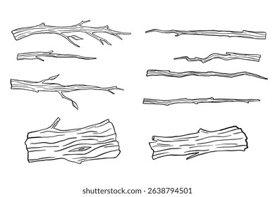Dry tree and branch sketch isolated on white background. Hand drawn illustrations set, wood trunk