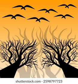Dry tree branch vector in autumn with bird shiluet