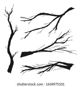 Dry tree branch vector black silhouette set isolated on a white background.