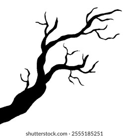 Dry Tree Branch Without Leaves. Black Silhouette Of Leafless Bonsai Isolated On White Background. Simple Tree Wallpaper.