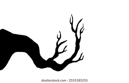 Dry Tree Branch Without Leaves. Black Silhouette Of Leafless Bonsai Isolated On White Background. Simple Tree Wallpaper.