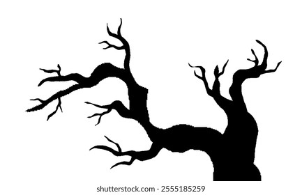 Dry Tree Branch Without Leaves. Black Silhouette Of Leafless Bonsai Isolated On White Background. Simple Tree Wallpaper.