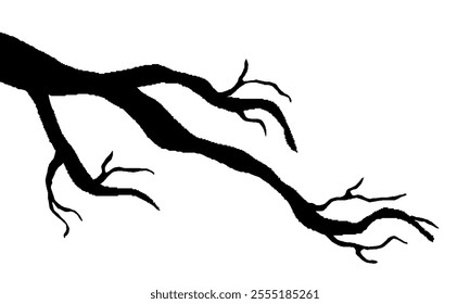 Dry Tree Branch Without Leaves. Black Silhouette Of Leafless Bonsai Isolated On White Background. Simple Tree Wallpaper.