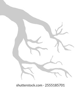 Dry Tree Branch Without Leaves. Grey Silhouette Of Leafless Bonsai Isolated On White Background. Simple Tree Wallpaper.