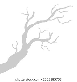 Dry Tree Branch Without Leaves. Grey Silhouette Of Leafless Bonsai Isolated On White Background. Simple Tree Wallpaper.