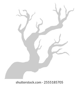 Dry Tree Branch Without Leaves. Grey Silhouette Of Leafless Bonsai Isolated On White Background. Simple Tree Wallpaper.