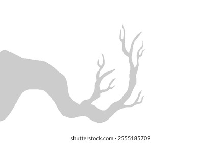 Dry Tree Branch Without Leaves. Grey Silhouette Of Leafless Bonsai Isolated On White Background. Simple Tree Wallpaper.