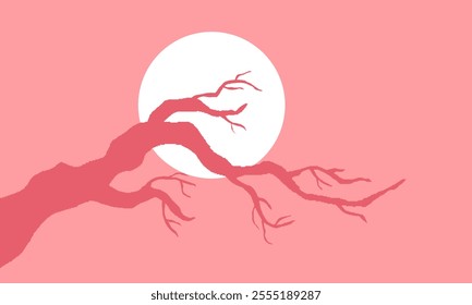 Dry Tree Branch Without Leaves. Pink Cherry Blossom Silhouette Of Leafless Bonsai with Moon Background. Simple Tree Wallpaper.