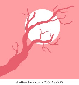 Dry Tree Branch Without Leaves. Pink Cherry Blossom Silhouette Of Leafless Bonsai with Moon Background. Simple Tree Wallpaper.