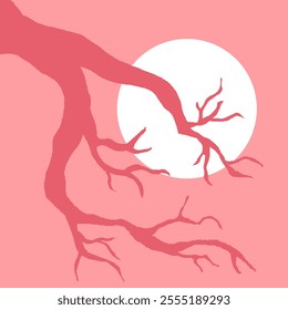 Dry Tree Branch Without Leaves. Pink Cherry Blossom Silhouette Of Leafless Bonsai with Moon Background. Simple Tree Wallpaper.
