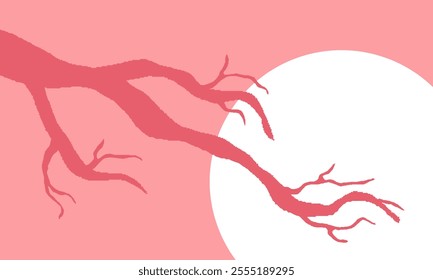 Dry Tree Branch Without Leaves. Pink Cherry Blossom Silhouette Of Leafless Bonsai with Moon Background. Simple Tree Wallpaper.