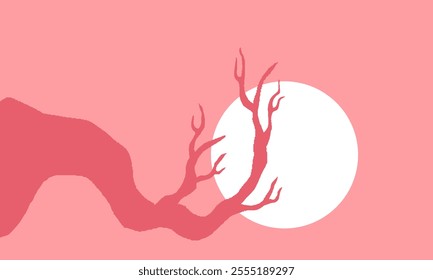 Dry Tree Branch Without Leaves. Pink Cherry Blossom Silhouette Of Leafless Bonsai with Moon Background. Simple Tree Wallpaper.