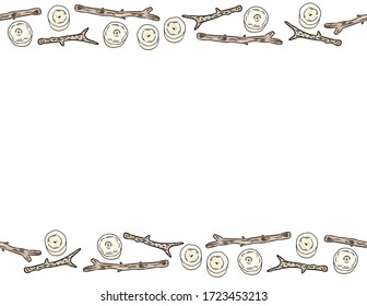 Dry tree branches and candles seamless border pattern. Boho cartoon drawing of comic style sticks. Letter format decoration background tile. Space for text